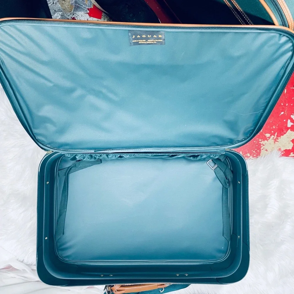 Jaguar Rolling Suitcase Green Canvas Faux Leather Large Vintage Bag